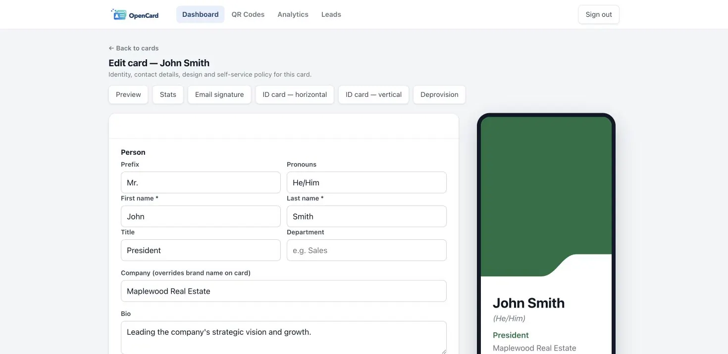 Card editor with identity fields and a live wave-layout preview