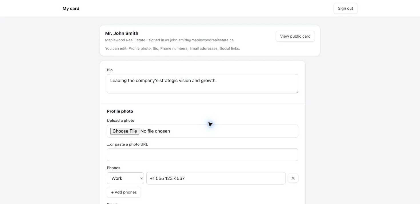 Employee self-service page showing editable fields, profile photo upload, and the public card link